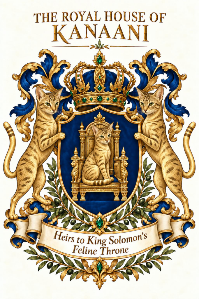 Coat of Arms of the Royal House of Kanaani, with a crown and three Kanaani cats